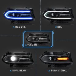 Led headlights per Dodge Charger 15-20 Vland RGB Style Dual Beam Projector Headlights Black - Image 4