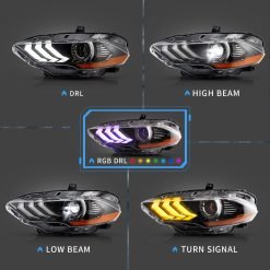Alternative view of Led Headlights for Mustang 18-22 Vland LED Dual Beam Projector RGB HeadLights Black